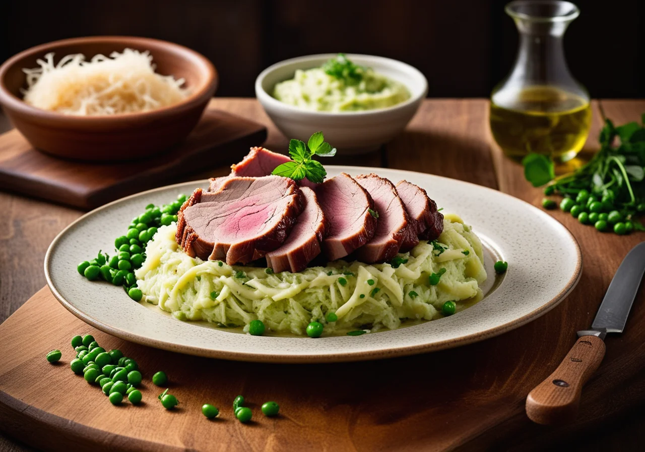 Pork Knuckle with Sauerkraut and Pea Mash