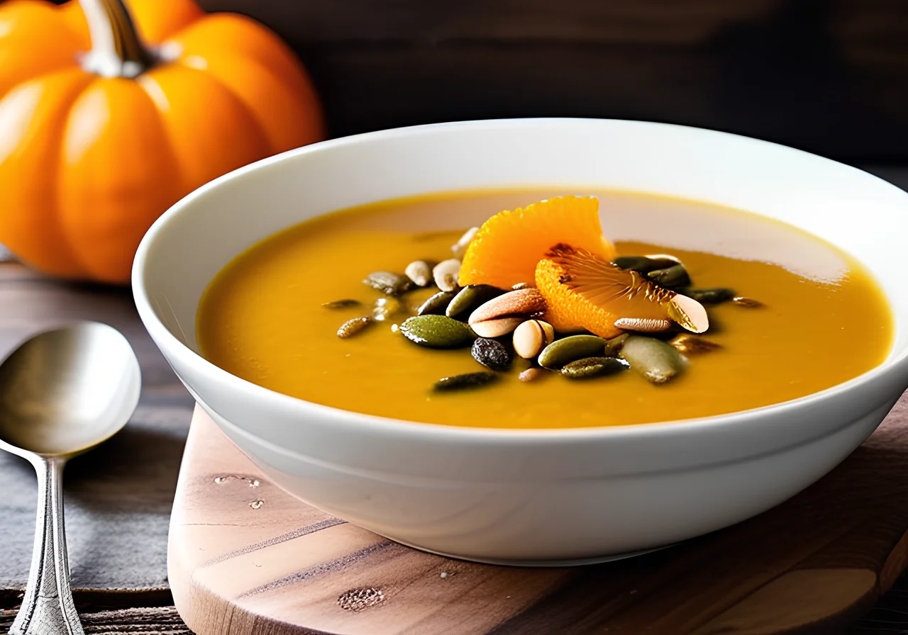 Pumpkin Sea Buckthorn Soup with Pumpkin Seed Oil and Crunchy Topping
