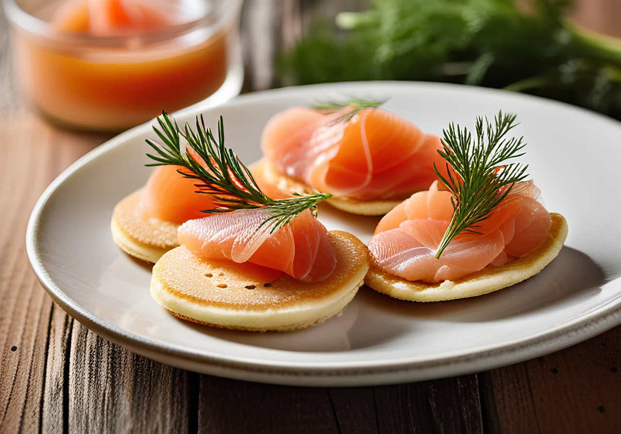 Small Blinis with Sour Cream and Smoked Salmon