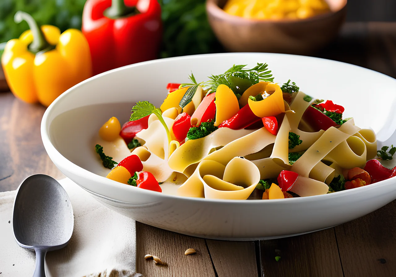 Pea Pasta with Bell Peppers and Pine Nuts