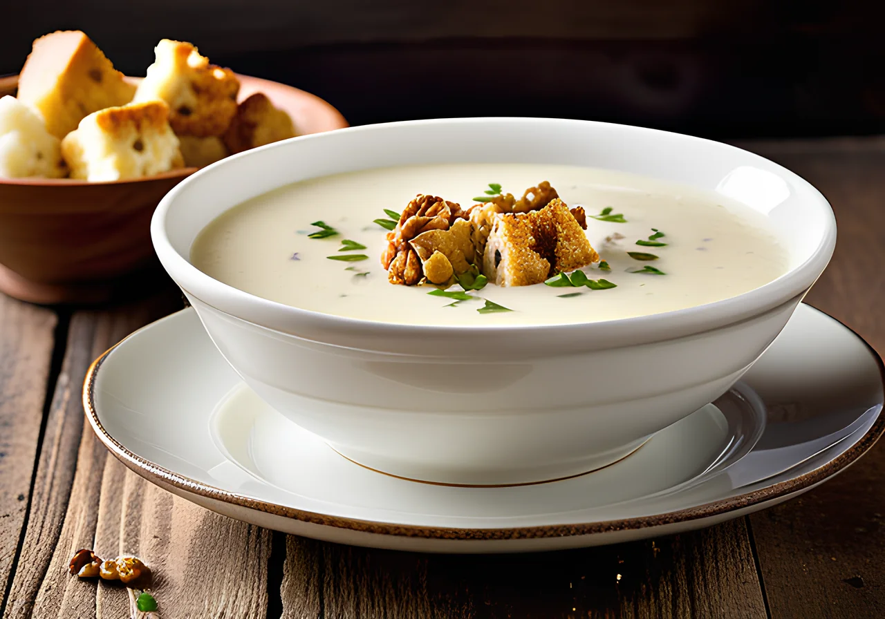 Cauliflower Cream Soup with Walnut Croutons and Chives