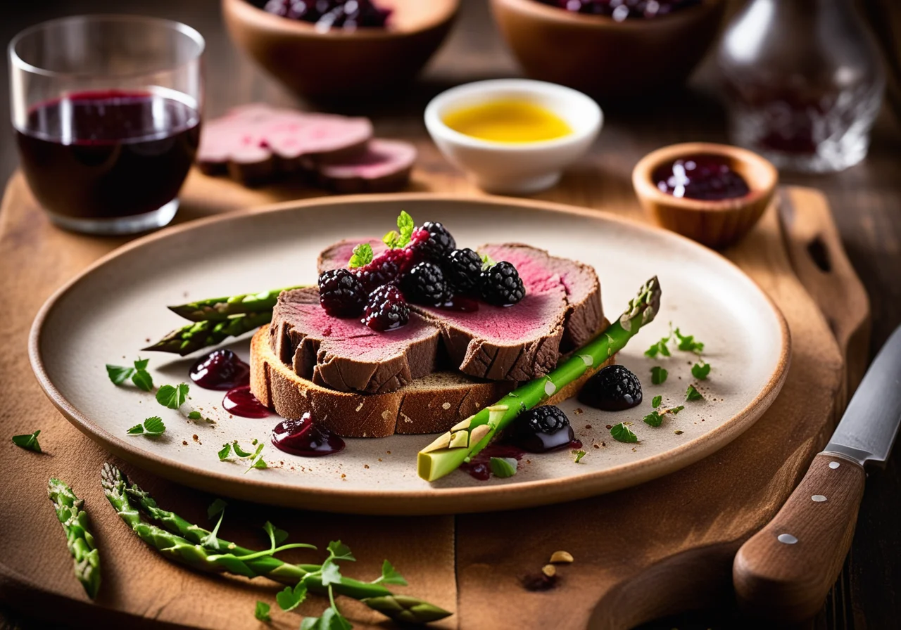 Venison Fillet with Asparagus and Cherries on Rustic Bread