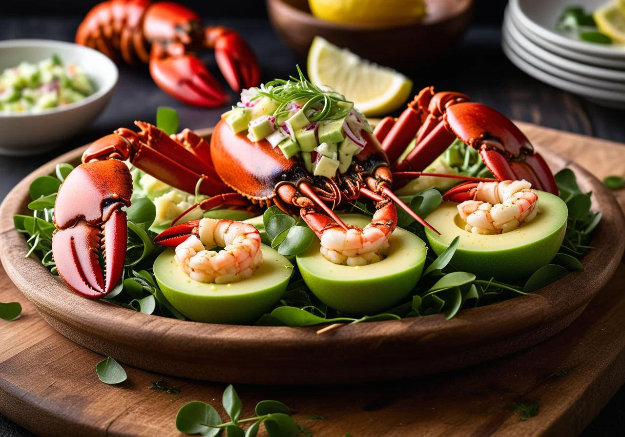 Lobster Stuffed with Avocado Shrimp Salad on Sprouts