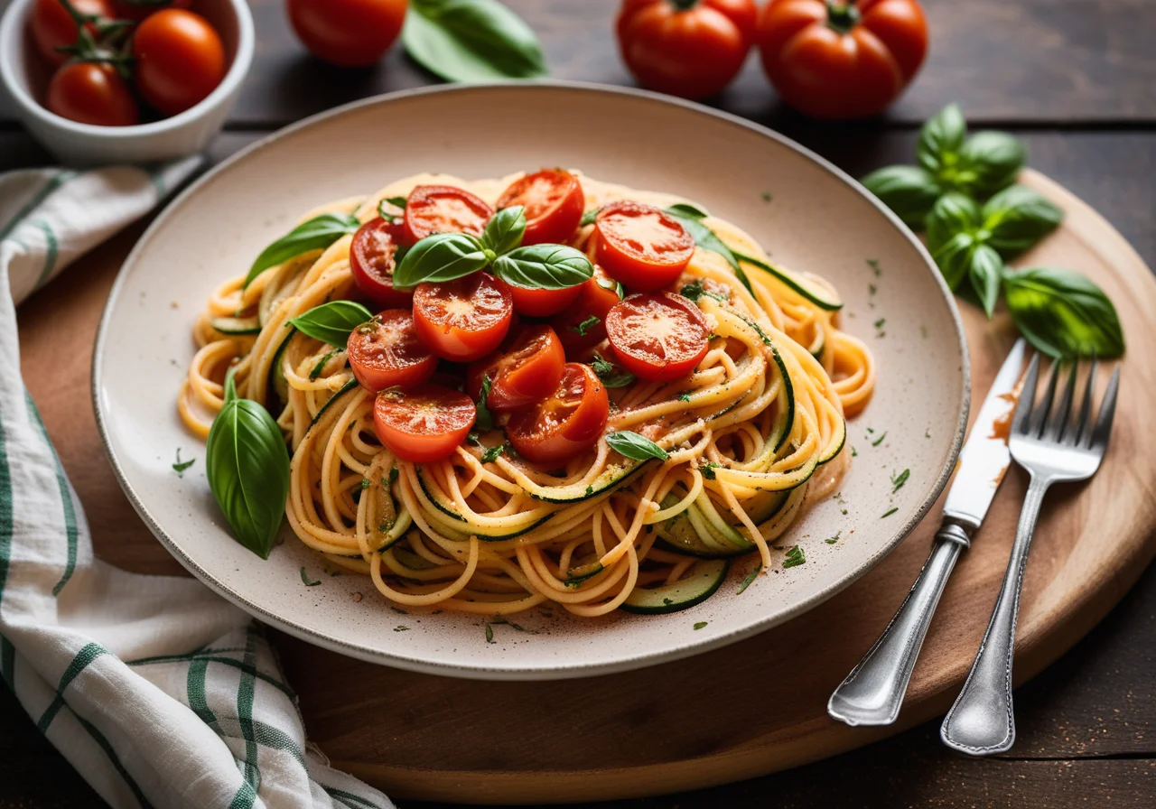 Spaghetti with Baked Zucchini and Tomato Sauce