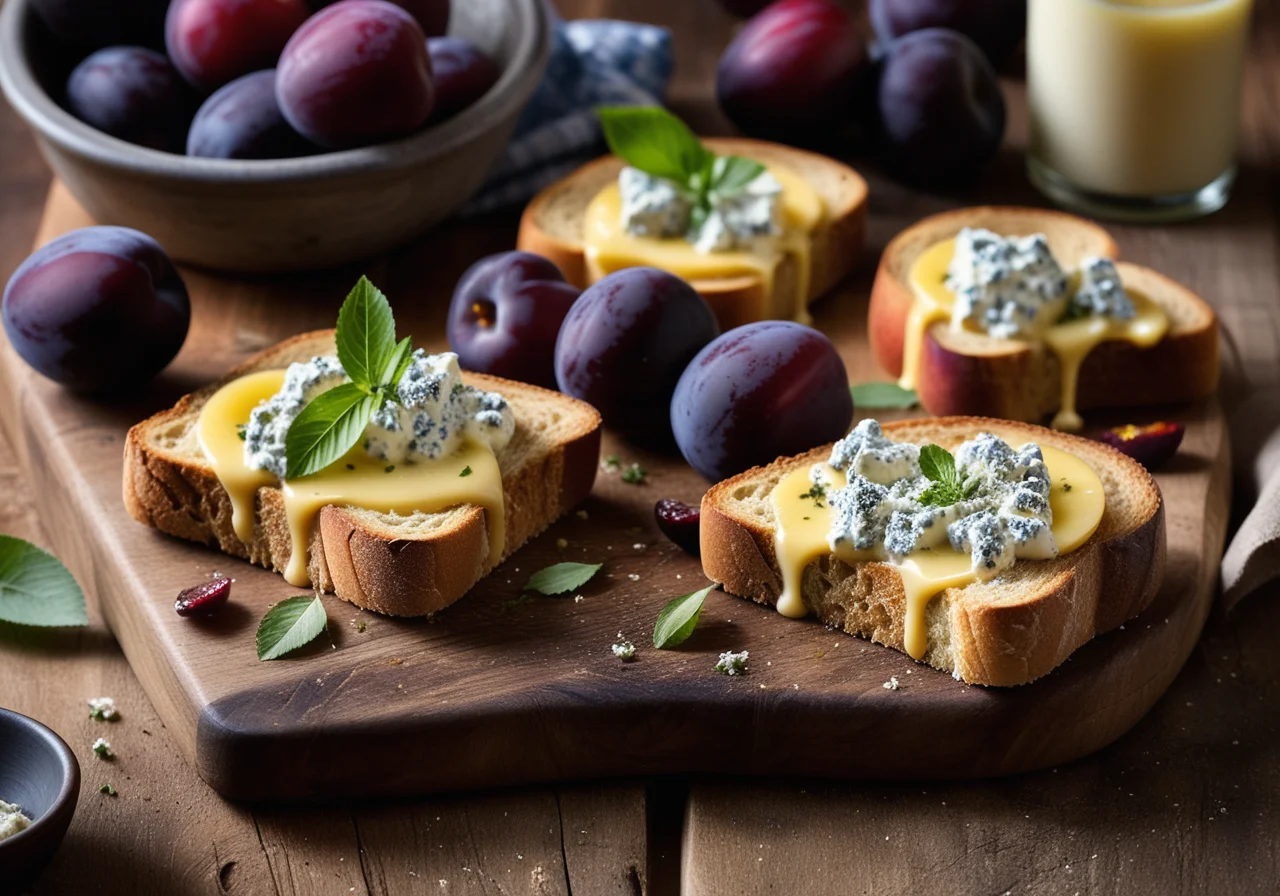 Baked Toast with Cheese and Plums