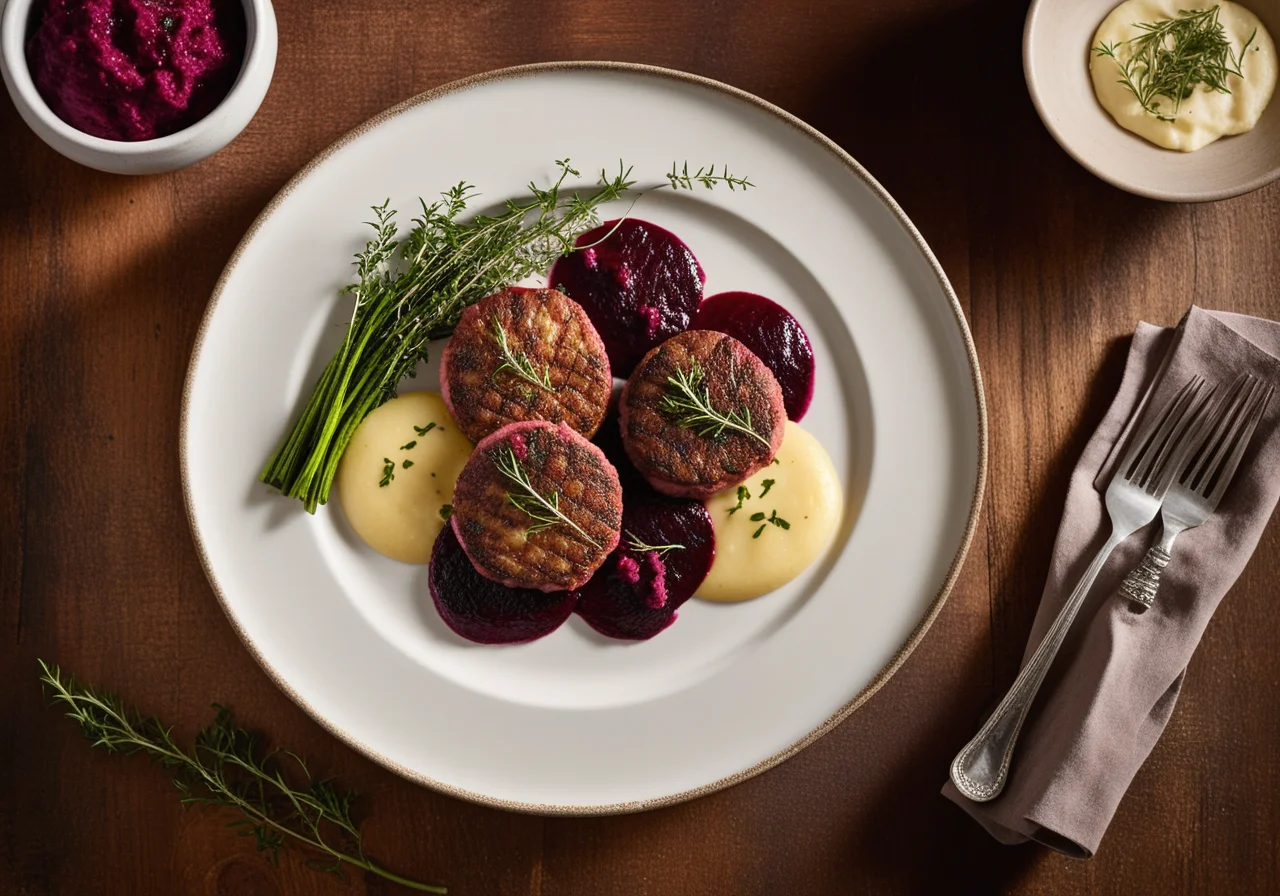 Game Meat Patties with Potato-Red Beet Purée
