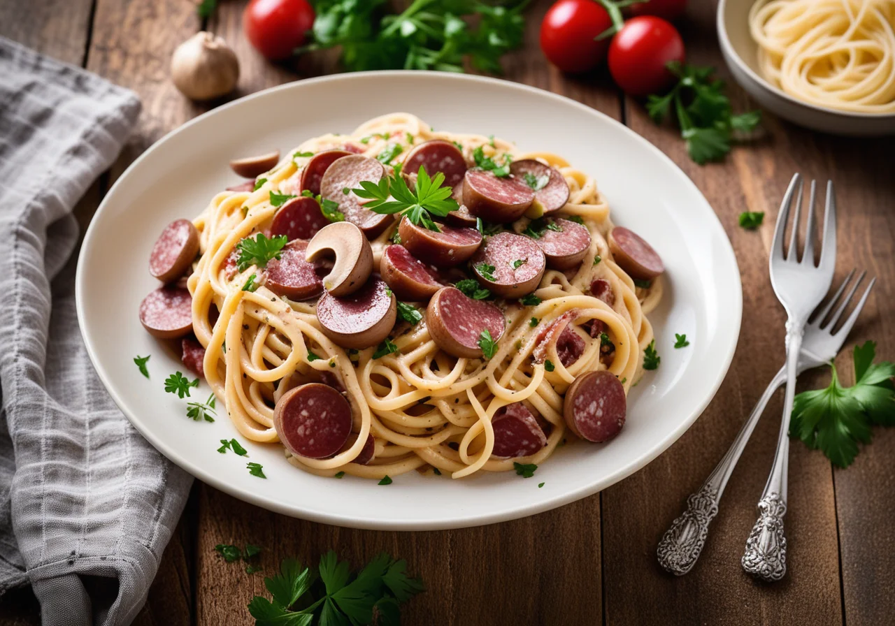 Pasta with Mushrooms and Salami