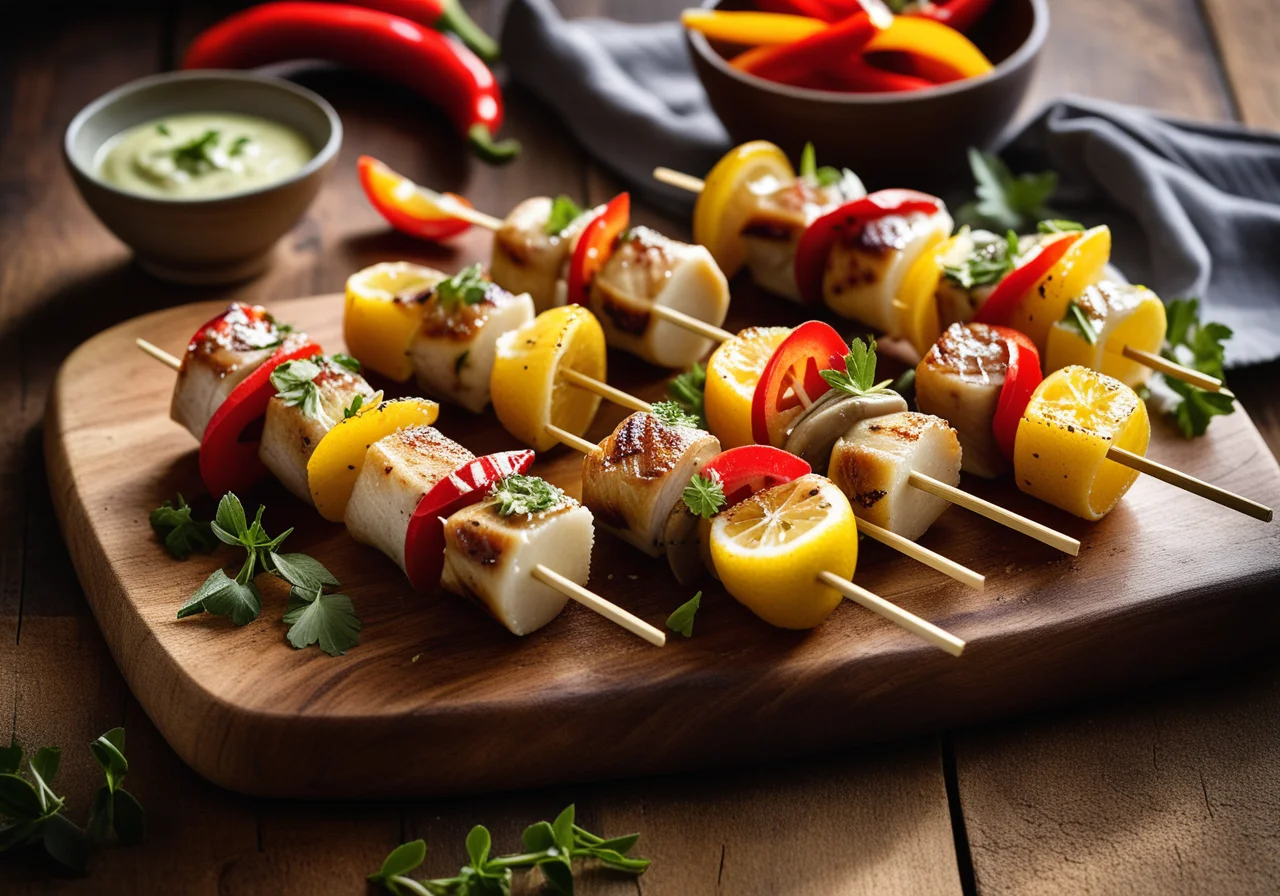 Skewers of Sea Bream Rolls with Mushrooms and Bell Pepper