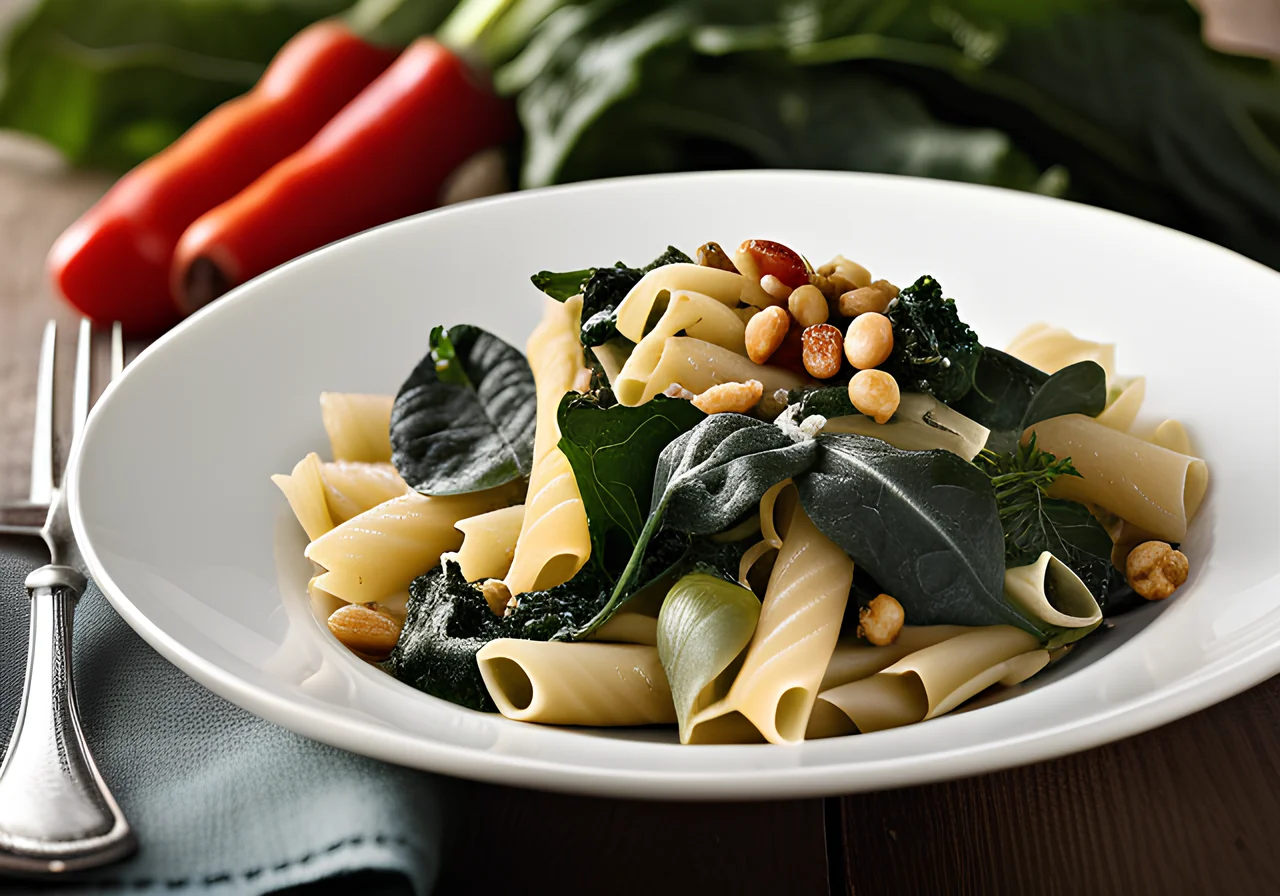 Pasta with Swiss Chard, Pine Nuts and Gorgonzola