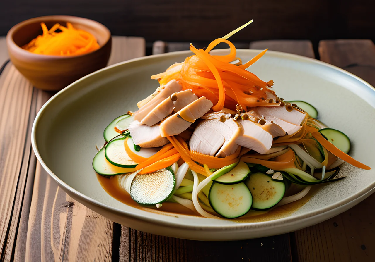 Zucchini-Carrot Noodles with Poached Chicken