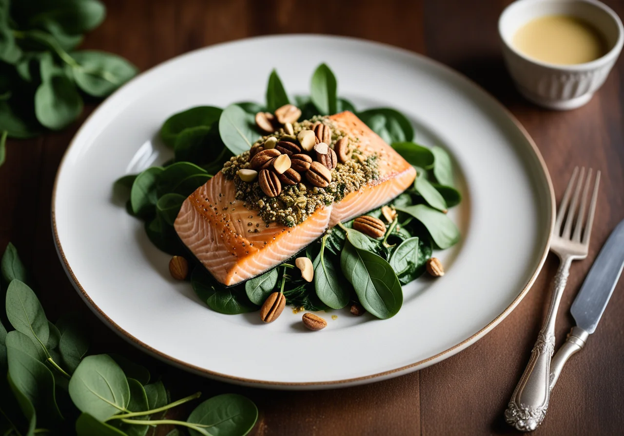 Salmon with Nut Crust on Spinach Vegetables