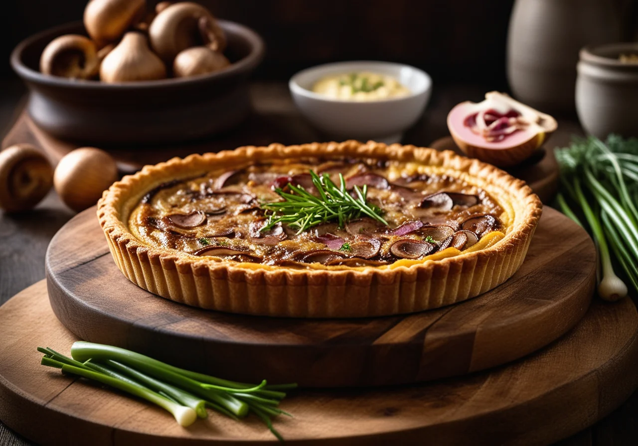 Mushroom Quiche with Spring Onions and Ham