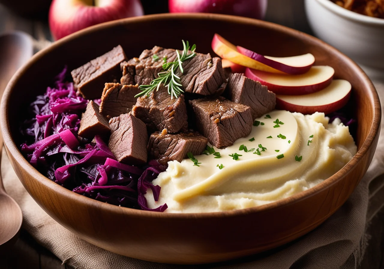 Beef Ragout with Apple Red Cabbage and Mashed Potatoes