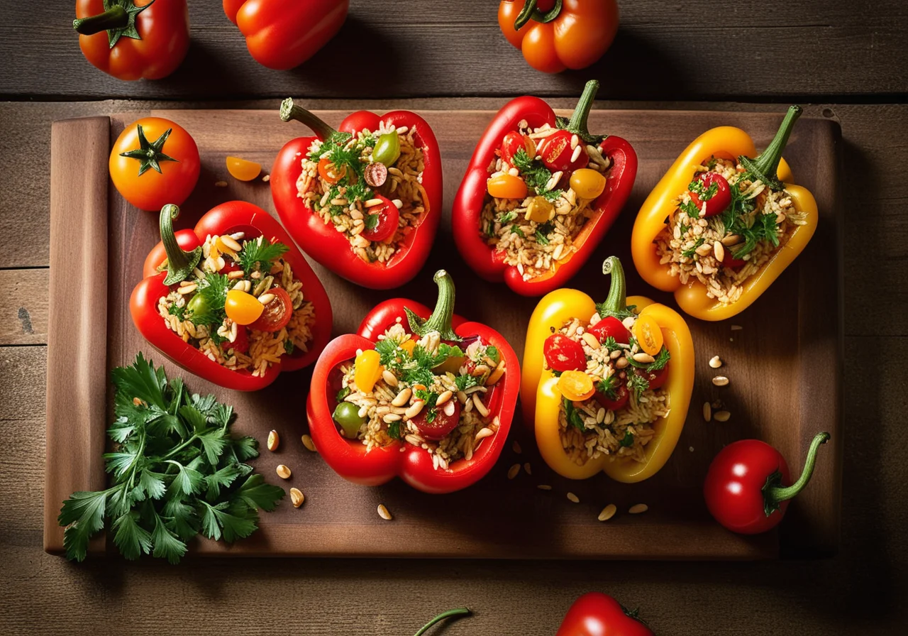 Paprika peppers with pine nut rice filling