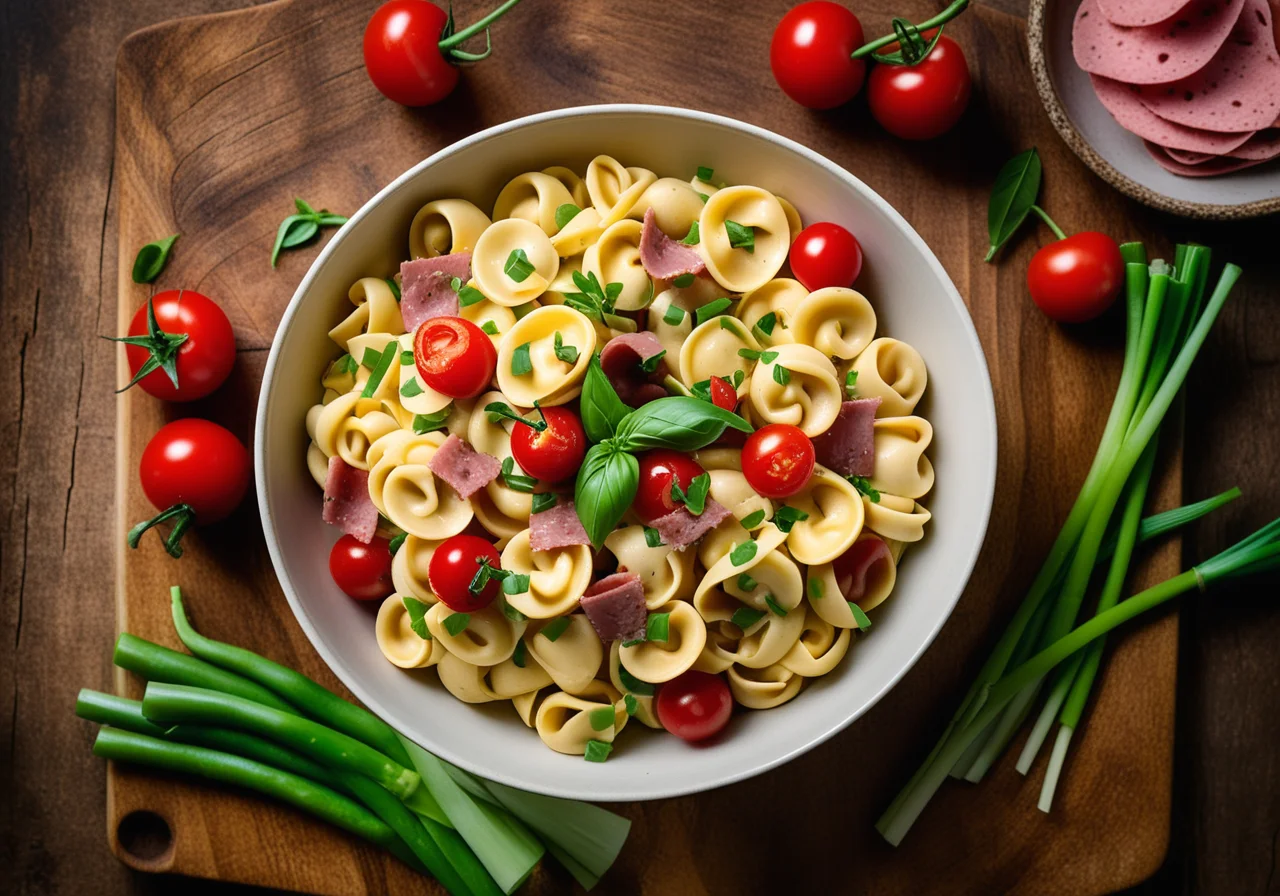 Tortellini salad with vegetables and meat sausage
