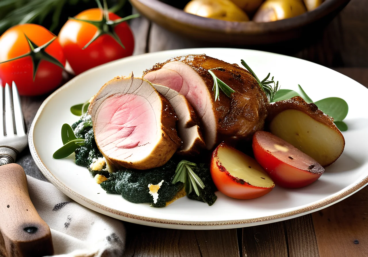 Lamb Leg Stuffed with Feta and Spinach Served with Rosemary Potatoes