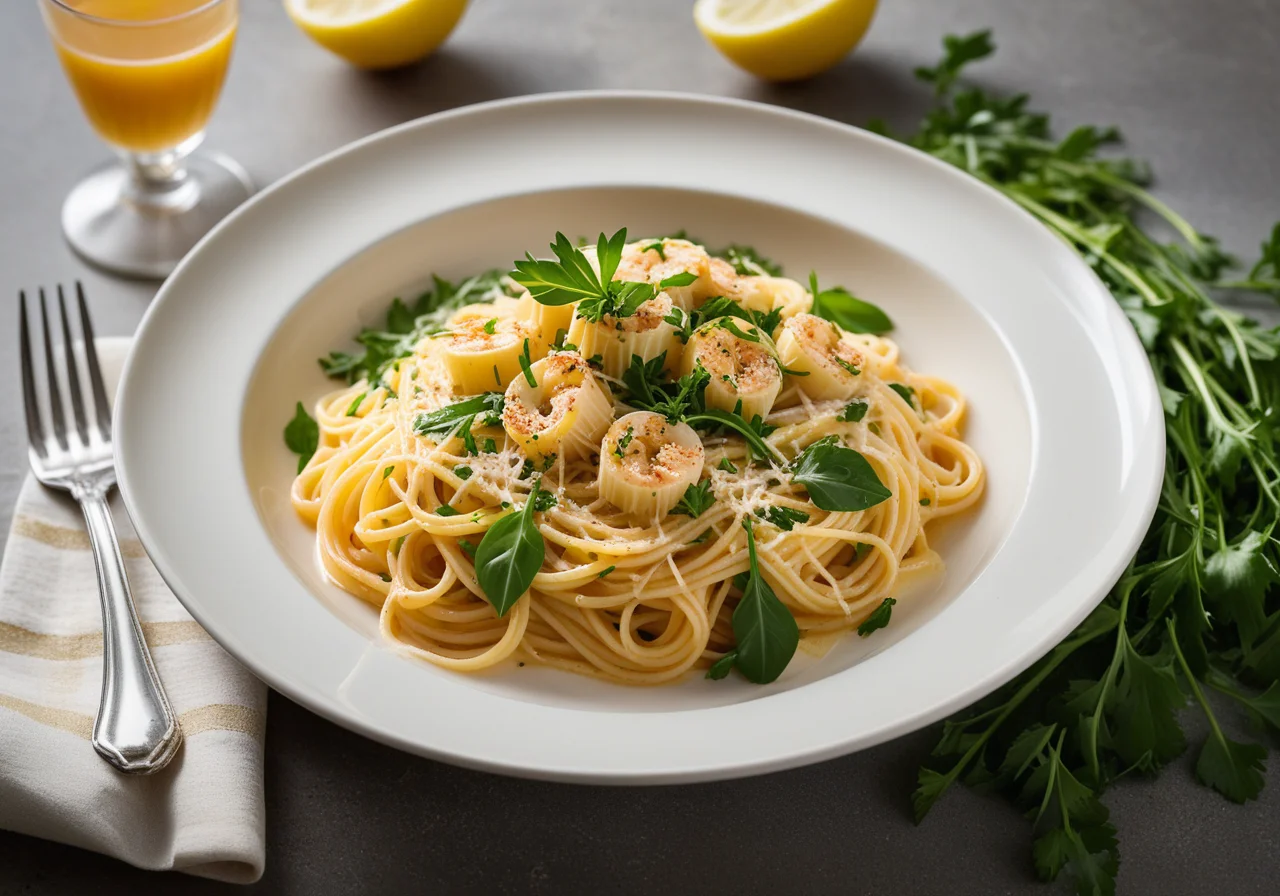 Spaghetti with Cream Sauce and Scampi