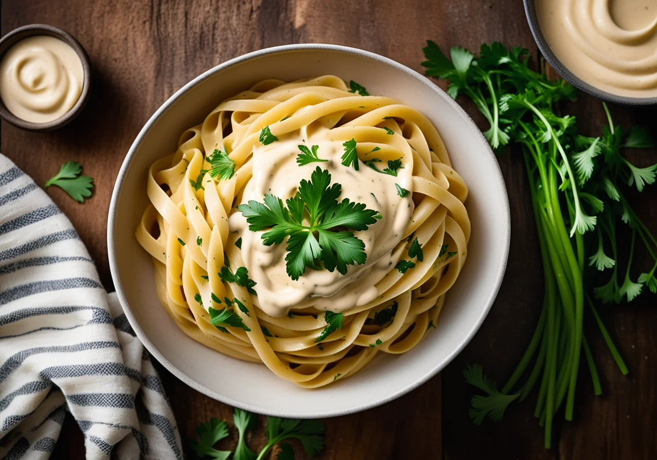 Pasta with Cheese-Cream Sauce and Turnip Greens