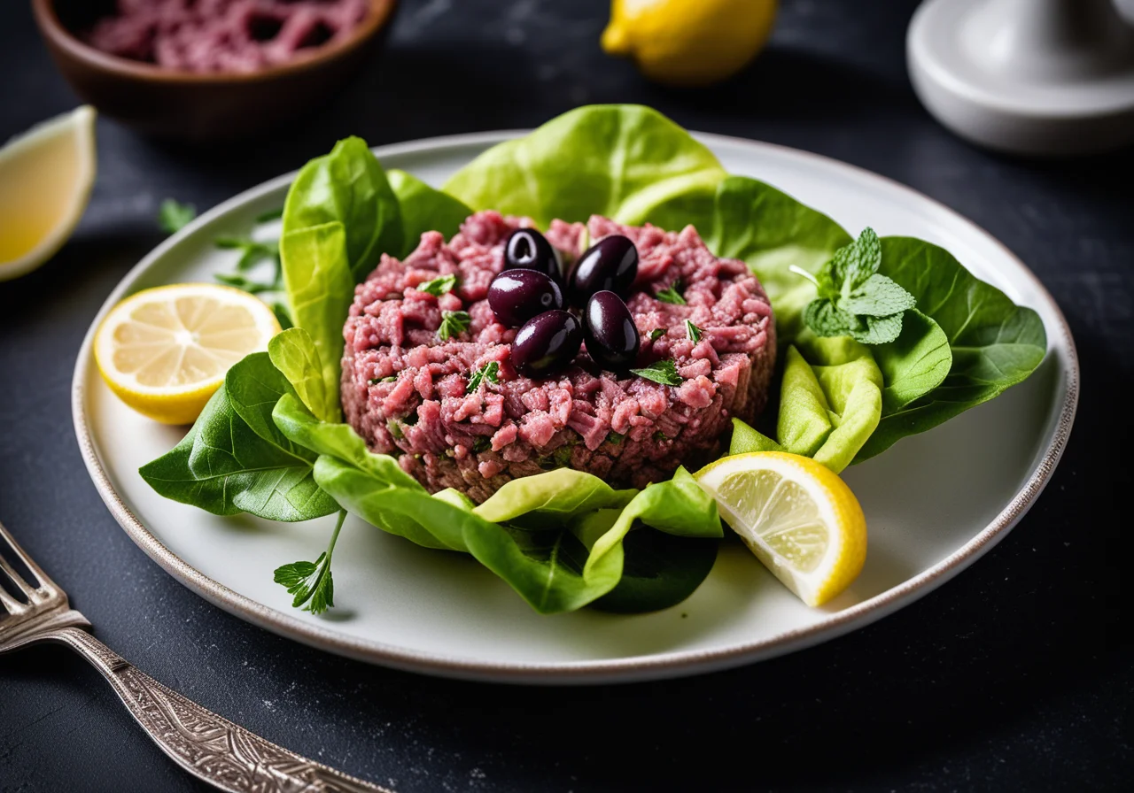 Lammtatar auf orientalische Art mit Oliven und Fladenbrot