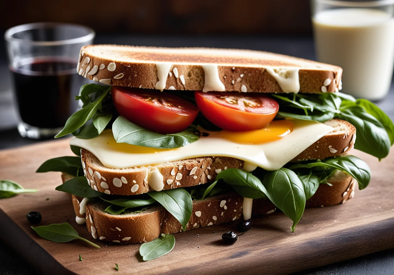Whole Grain Toast Sandwich with Mozzarella, Tomato and Arugula