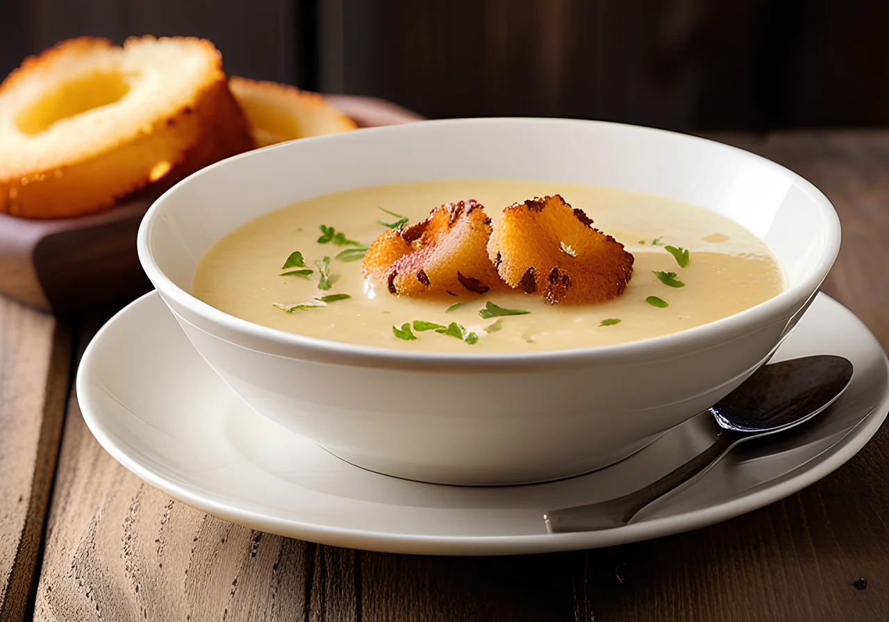 Nuremberg Potato Soup with Onion Rings and Bread