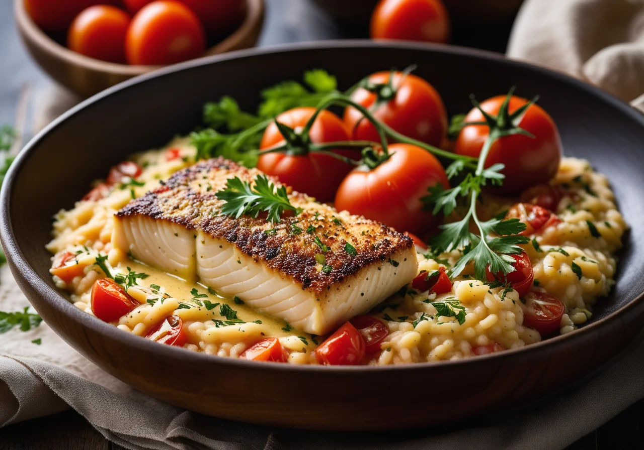 Cod Fillet Gratinated with Herbs served with Tomato Risotto