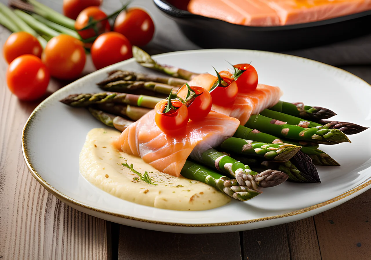Asparagus Gratin with Salmon and Tomatoes