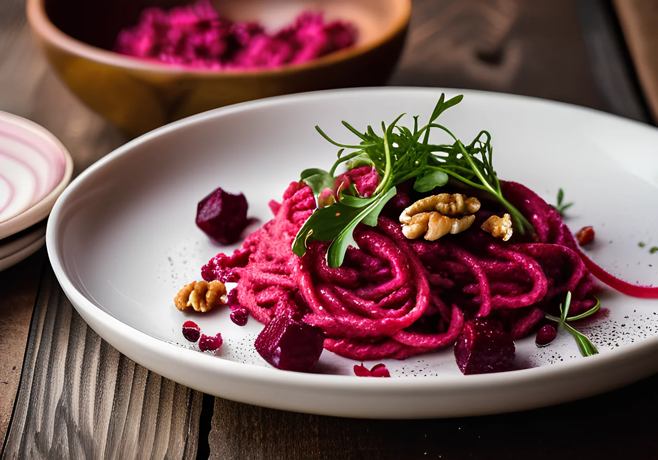 Beetroot Spätzle with Arugula and Walnuts