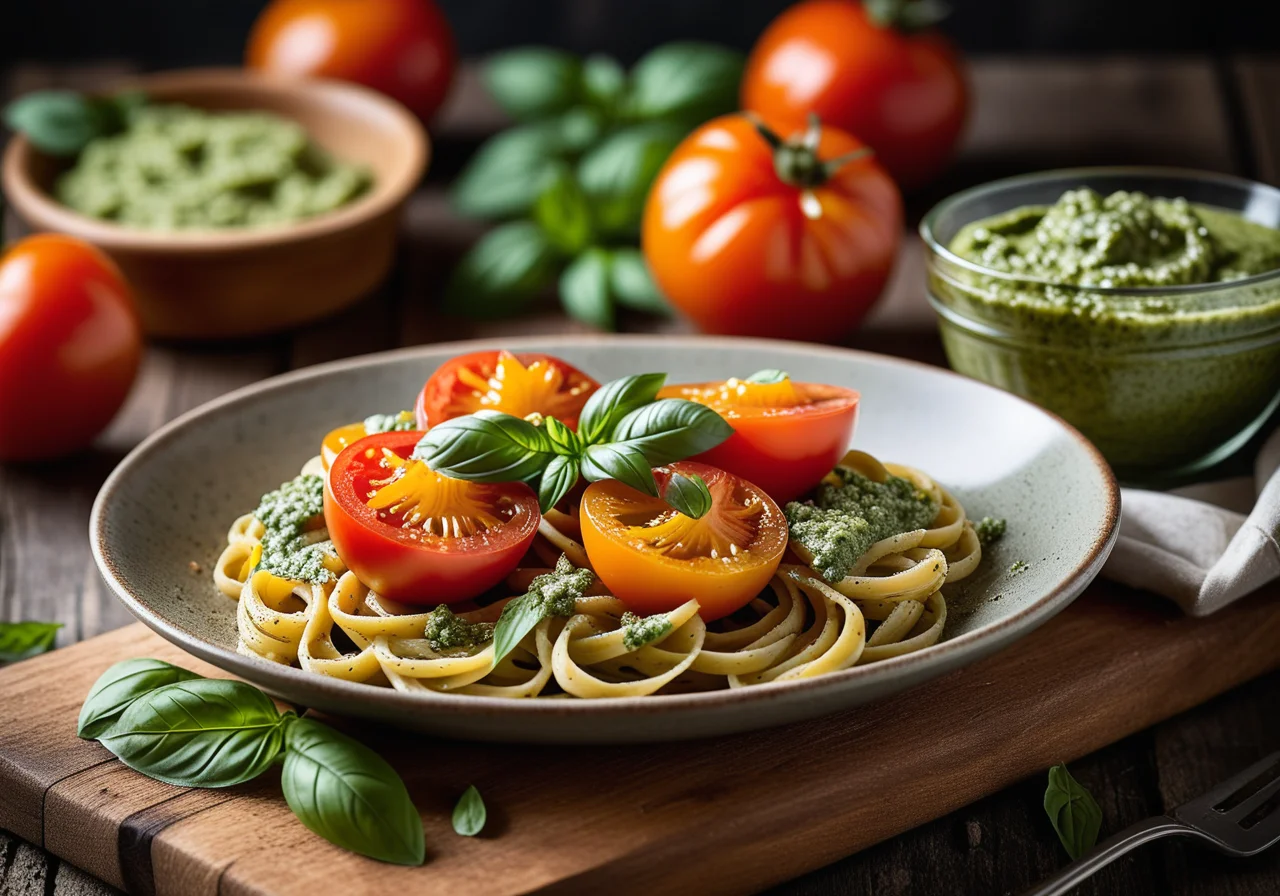 Pasta with Basil Pesto and Oven‑Roasted Tomatoes