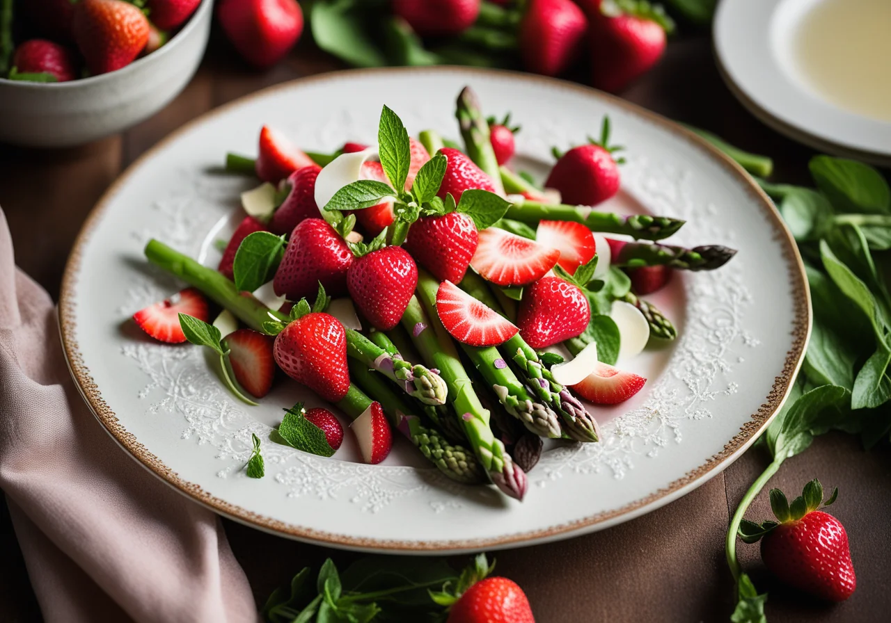 Green asparagus strawberry salad with rhubarb