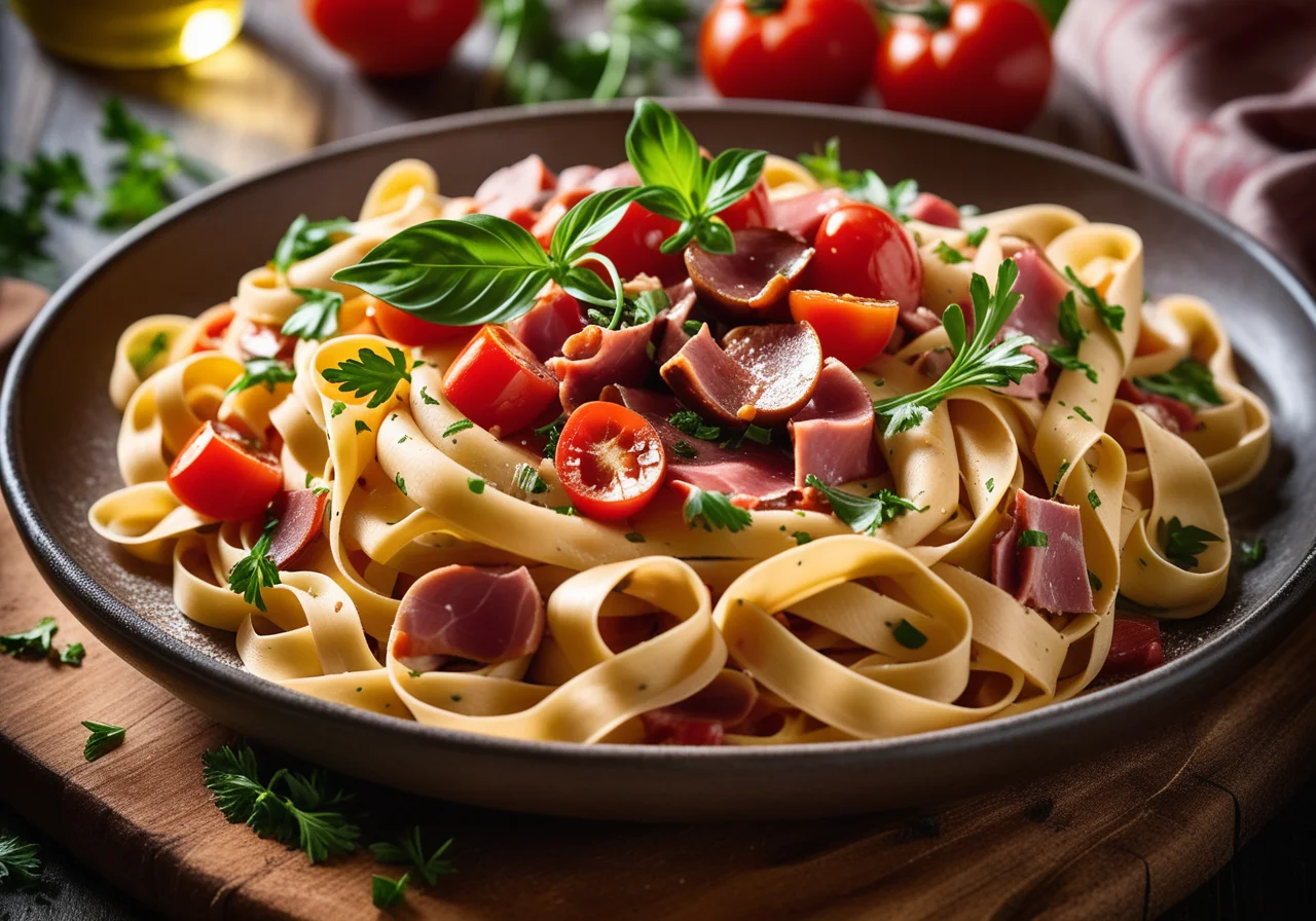 Tagliatelle with Tomato Sauce and Ham Cubes