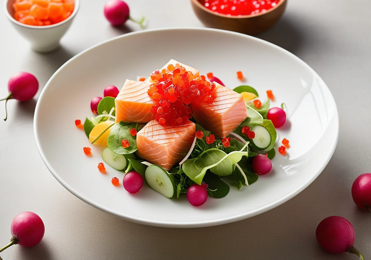 Salmon Cubes with Radish Salad