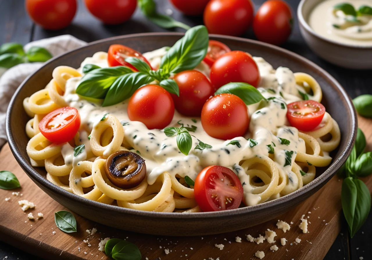 Pan Pasta with Spring Onions, Tomatoes and Mushrooms