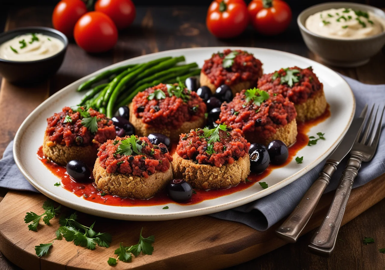 Veal Cutlets Stuffed with Olives, Served with Tomato Sauce