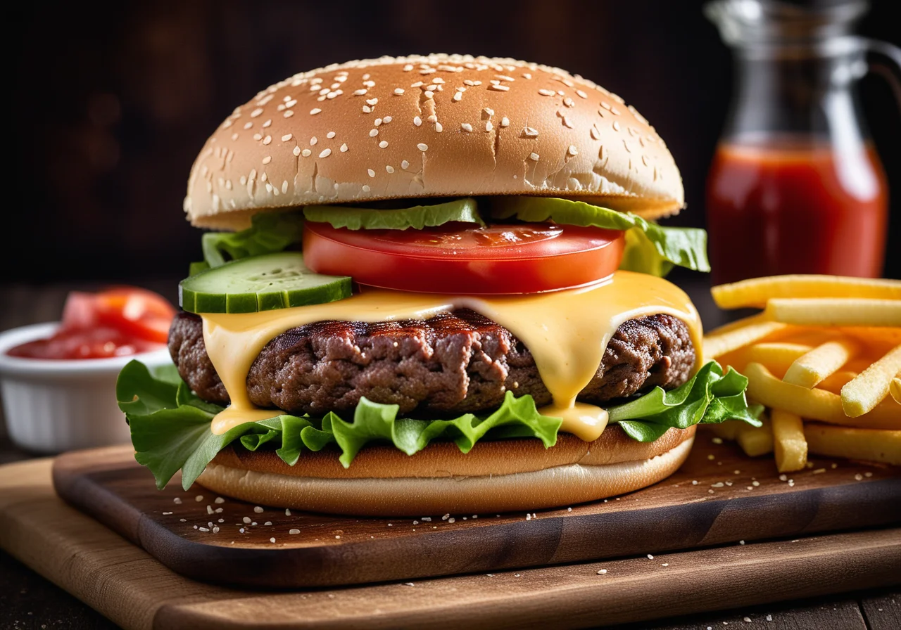 Beef Burger with Tomatoes, Onion, Cheese and Cucumber