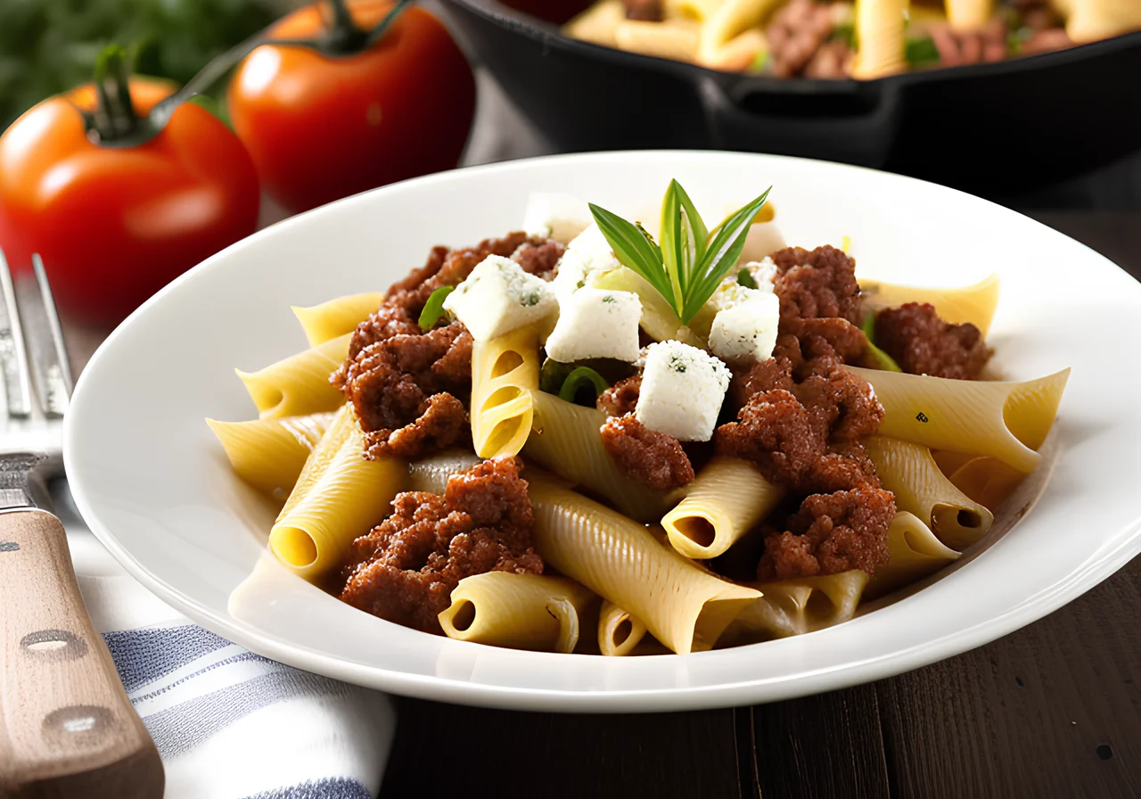 Pasta and Minced Meat Skillet with Goat Cheese