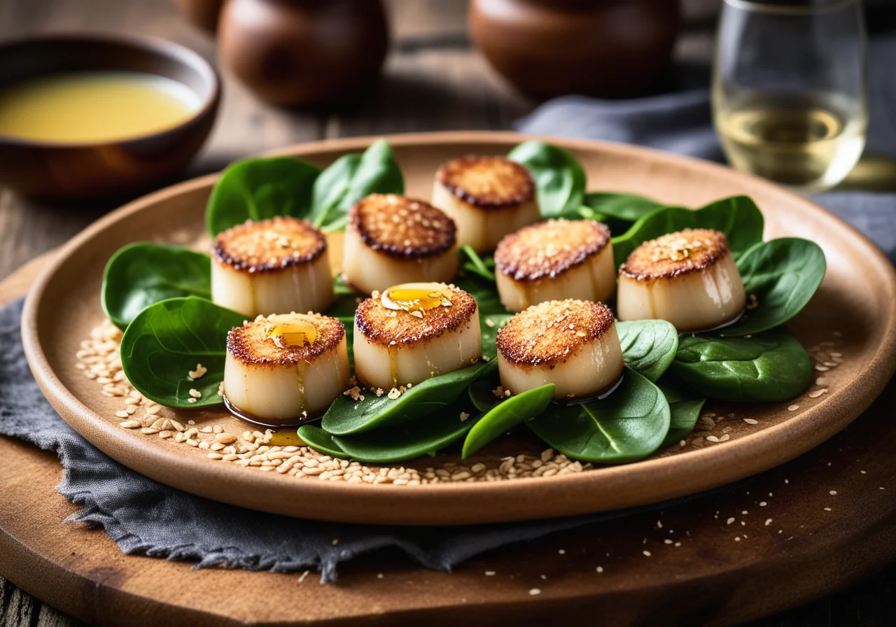 Scallops in Sesame Crust with Spinach Salad