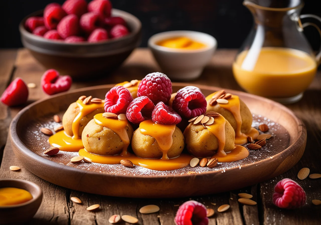 Sweet Potato Dumplings with Vanilla Ice Cream, Raspberries and Nut Sauce