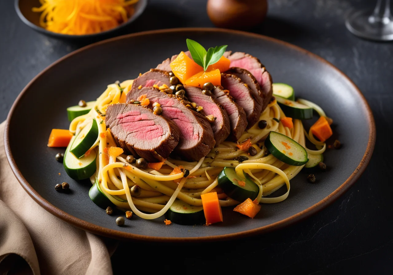 Veal Fillet on Pasta with Vegetables