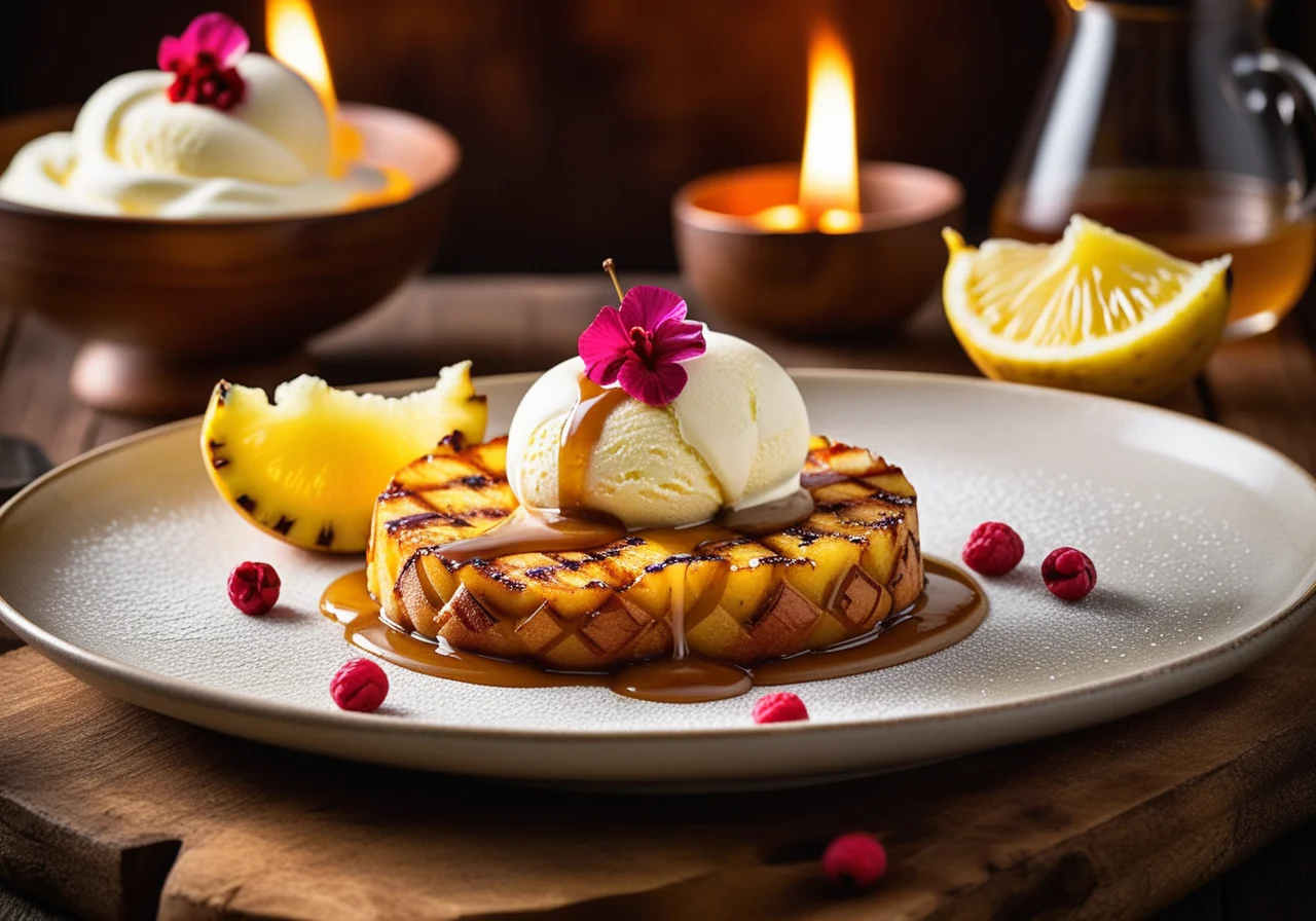 Grilled Pineapple Slices and Vanilla Ice Cream