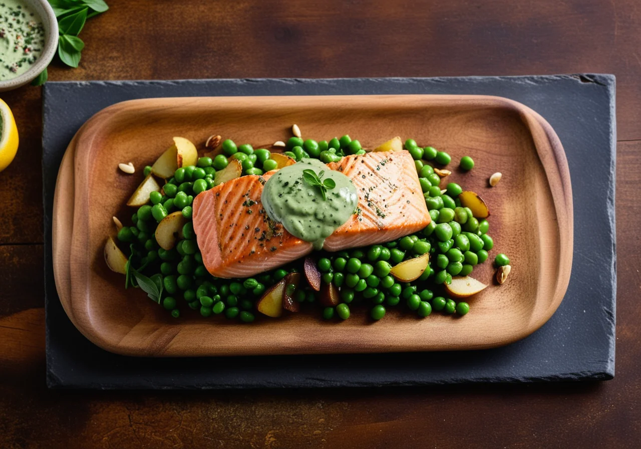 Salmon with green sauce, peas and potatoes