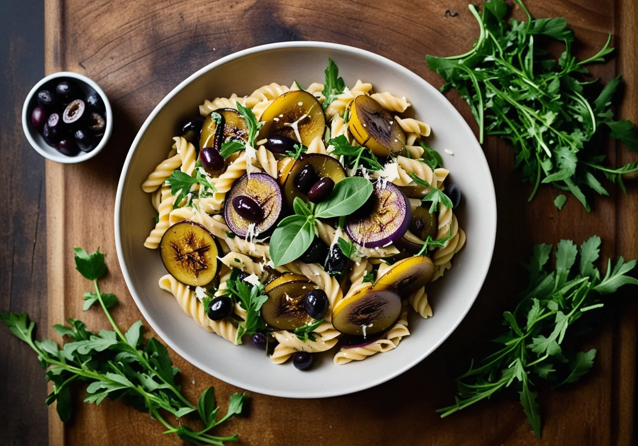 Pasta Salad with Olives, Arugula, Parmesan and Eggplant