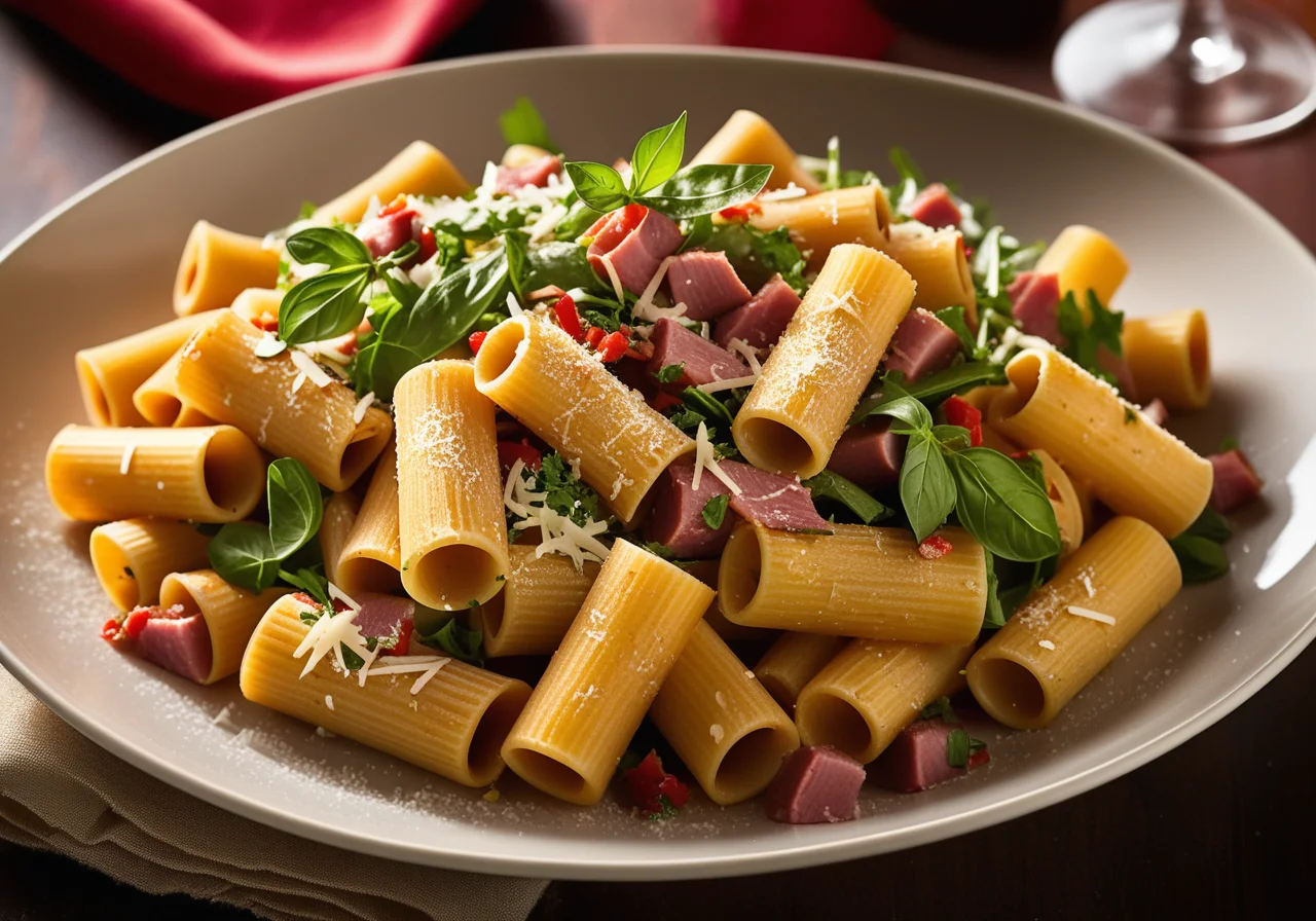 Ham Pasta and Leafy Salad
