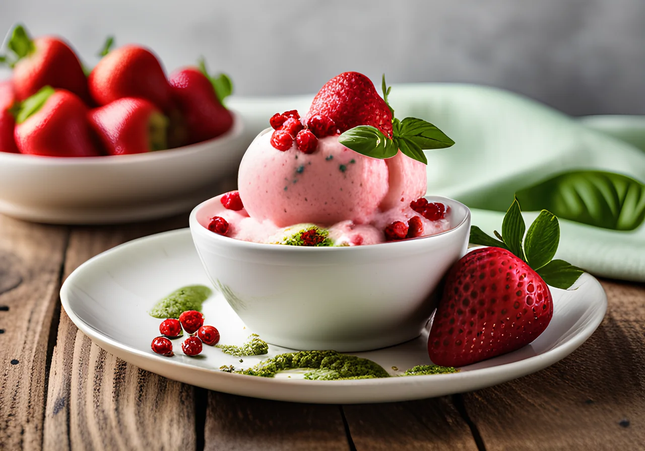 Frozen Yogurt with Strawberry Compote and Basil Pesto