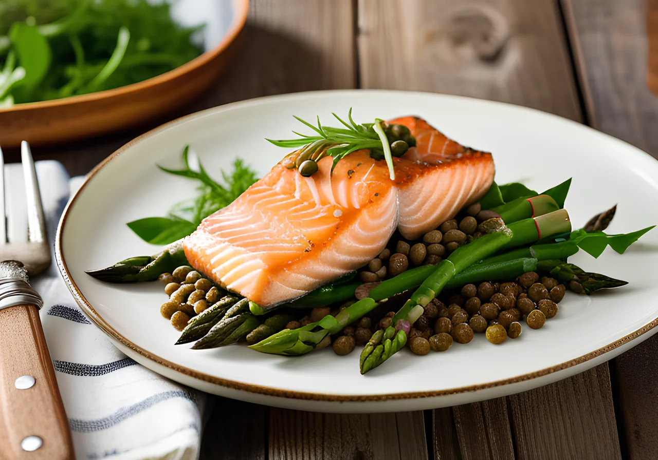 Asparagus Lentil Salad with Pan‑Fried Salmon