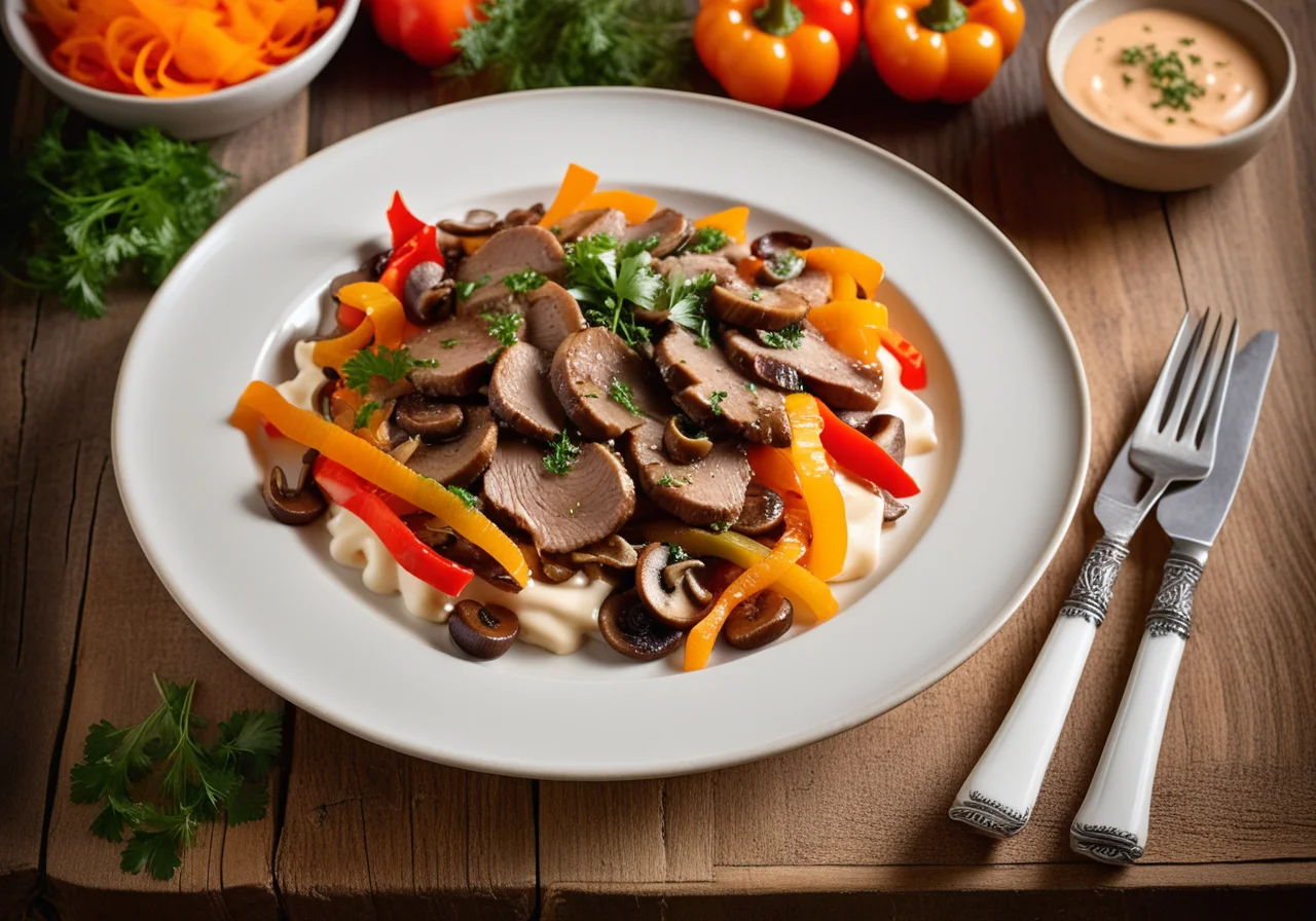 Sliced Veal with Mushrooms and Bell Peppers