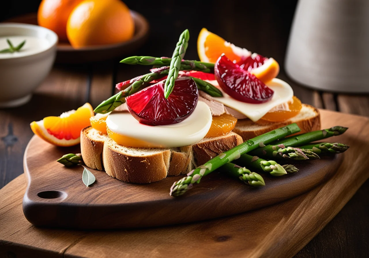 Toasts with Chicken, Asparagus and Blood Oranges