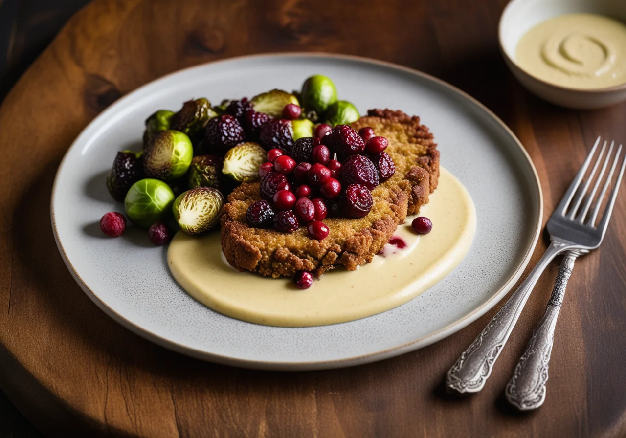 Almond Venison Schnitzel with Celery Puree and Brussels Sprouts