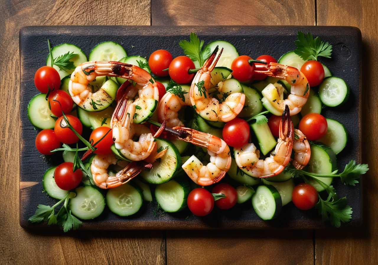 Shrimp Skewers with Cucumber Tomato Salad
