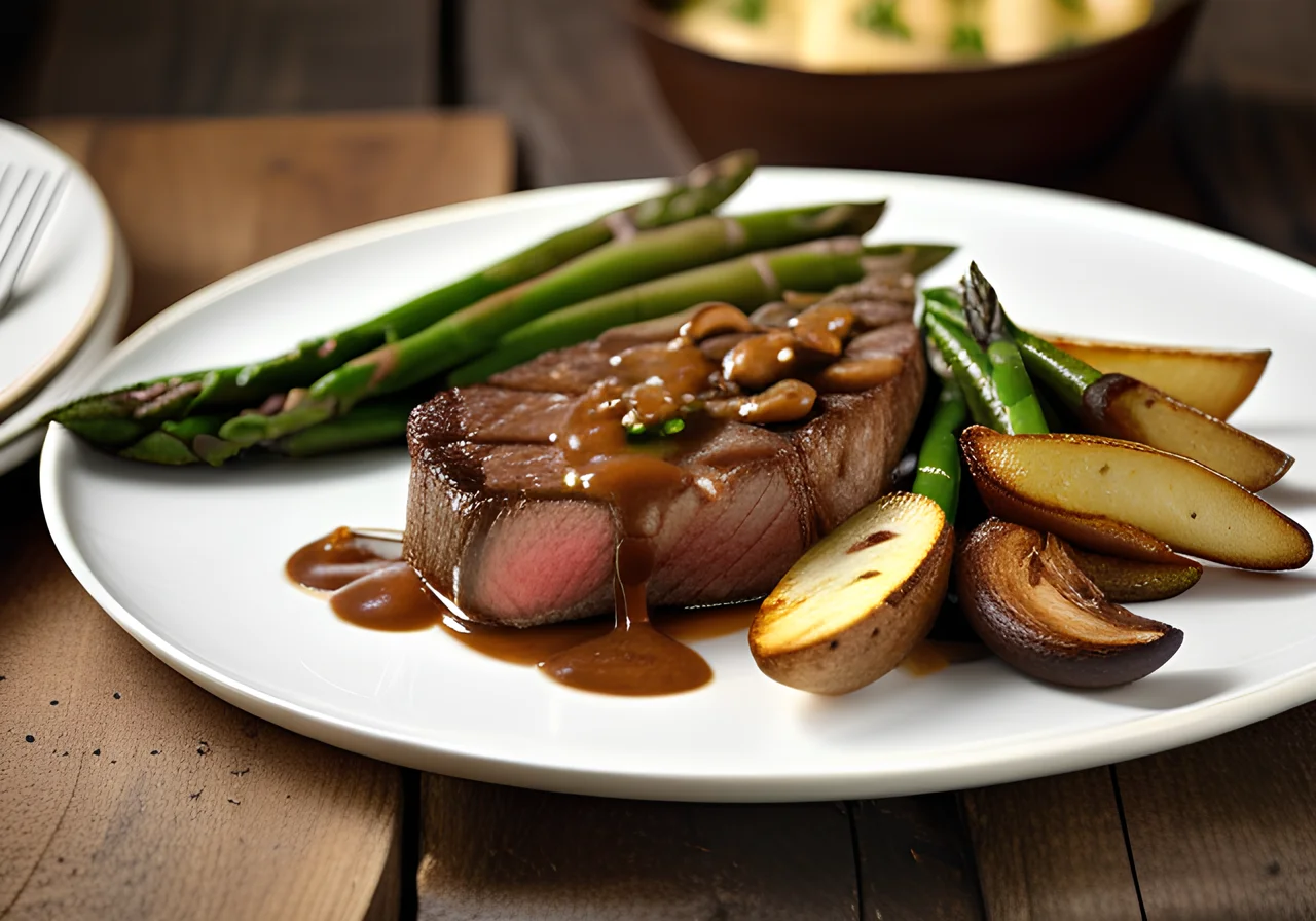 Steak with Asparagus and Mushroom Sauce